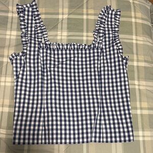 J. Crew Navy Checkered Ruffle Blouse
